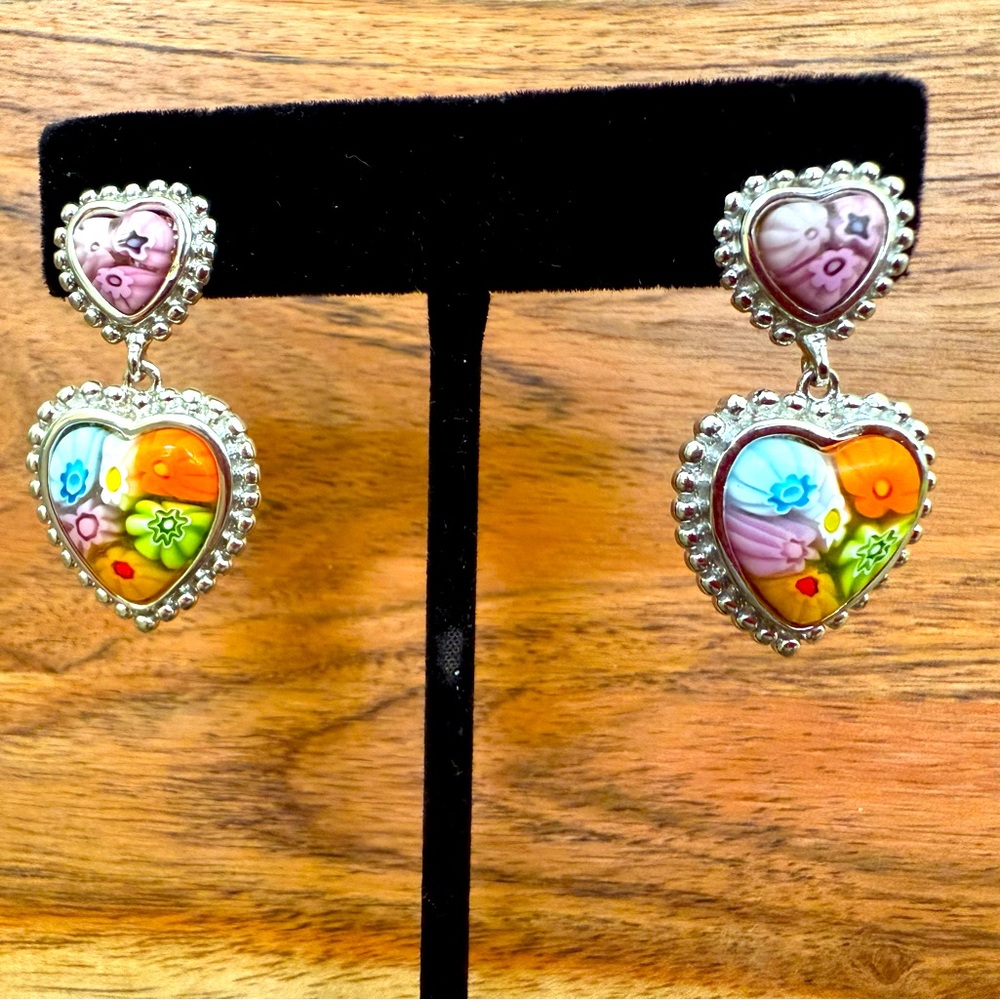New Murano Millefiori double heart .925 Silver earrings designed by AlanK